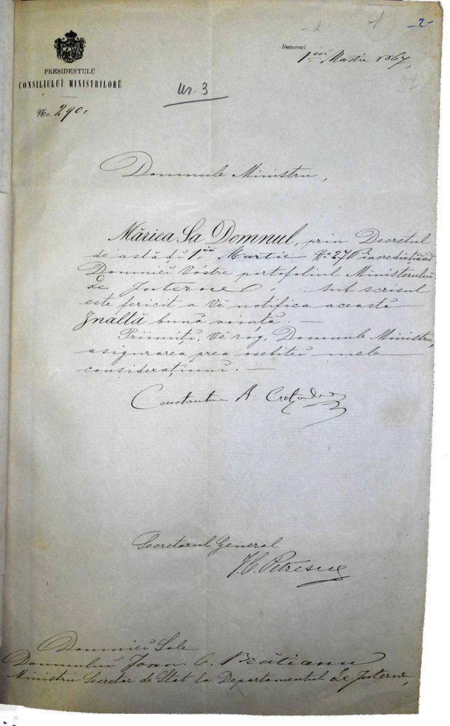 Numire - Ministru Interne I.C. Brătianu