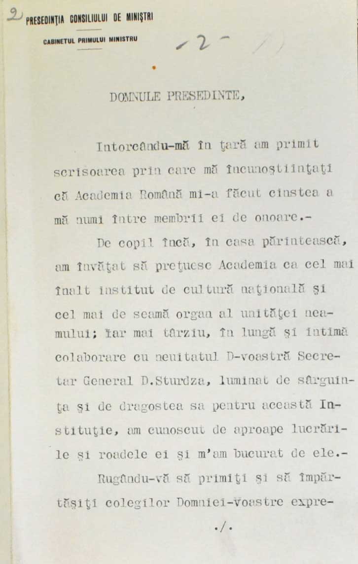 Scrisoare mulțumire Academiei, Ionel I.C. Brătianu