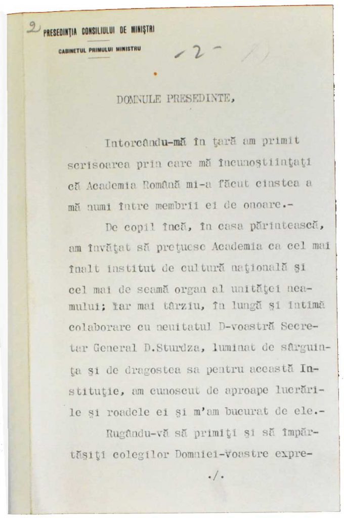 Scrisoare mulțumire către Academie - Ion I.C. Brătianu
