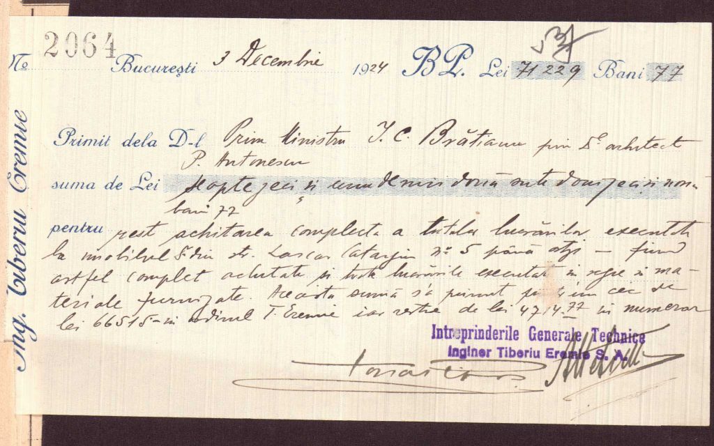 Plata către arh. Mihai Antonescu (A.N.R.)